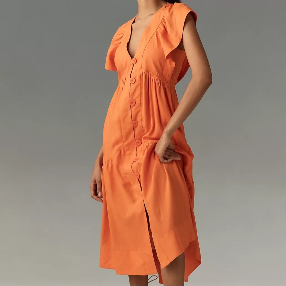 Anthropologie Orange Button-Front Midi Dress